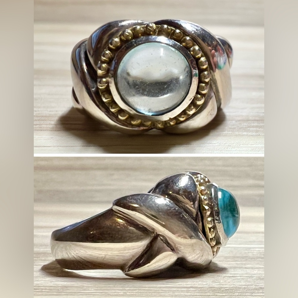 Vintage Flli Menegatti Sterling Silver & 18K Gold Aquamarine Ring, Size 7.75